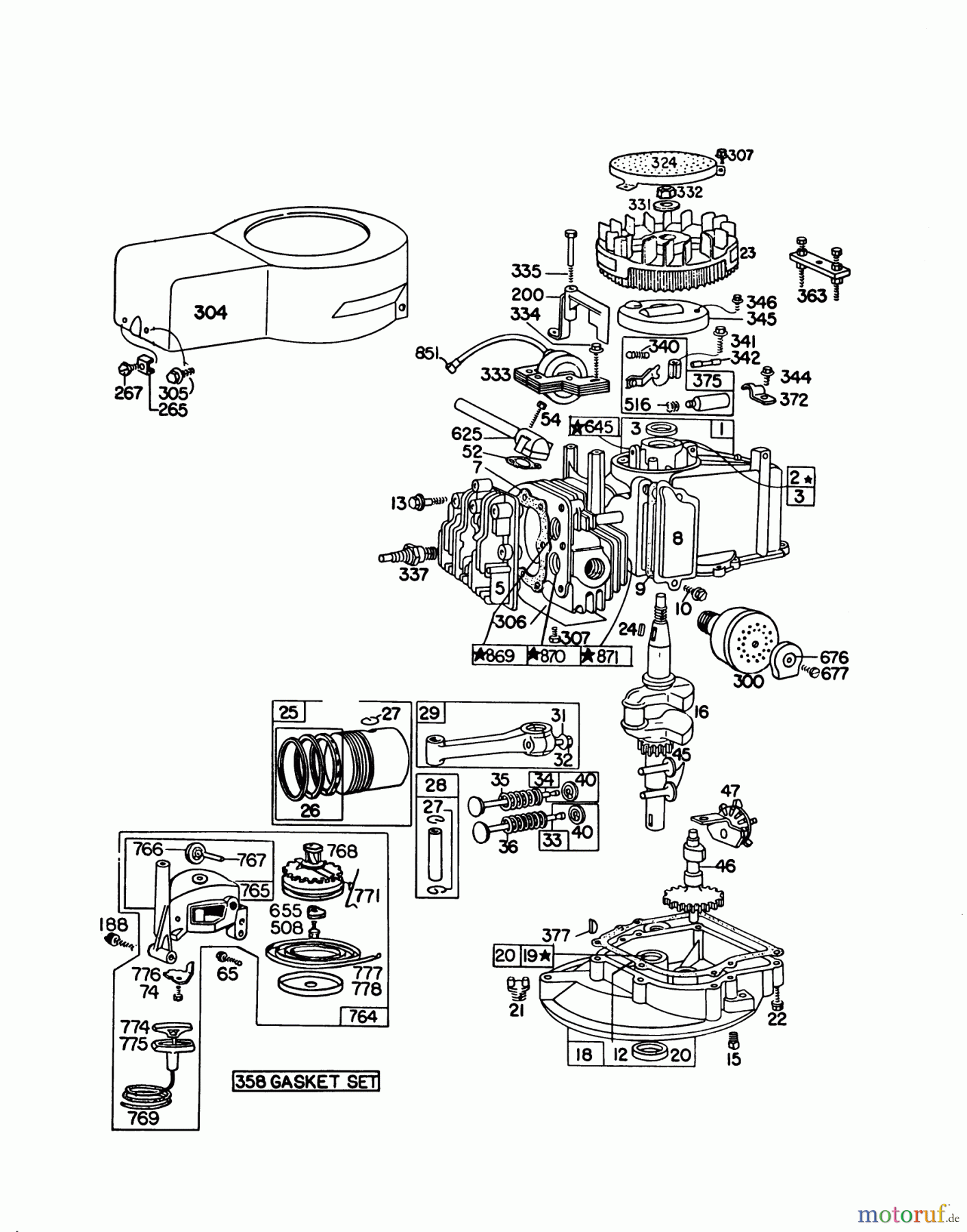  Toro Neu Mowers, Walk-Behind Seite 1 16390 - Toro Whirlwind PowR, 1979 (9000001-9999999) ENGINE BRIGGS & STRATTON MODEL 92908-1842-04 FOR 21