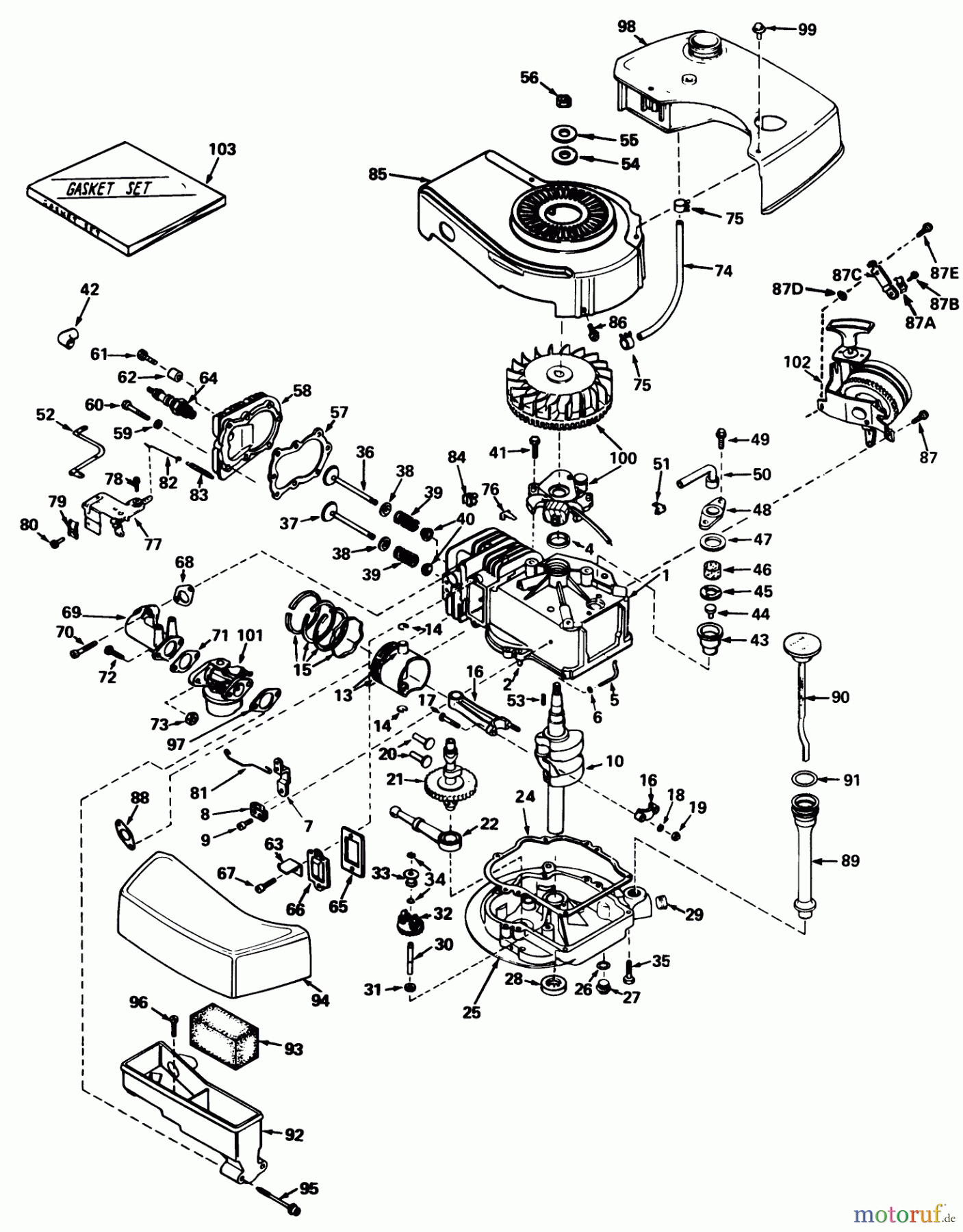  Toro Neu Mowers, Walk-Behind Seite 1 19400 - Toro Guardian Lawnmower, 1976 (6000001-6999999) ENGINE TECUMSEH MODEL TNT100-10047