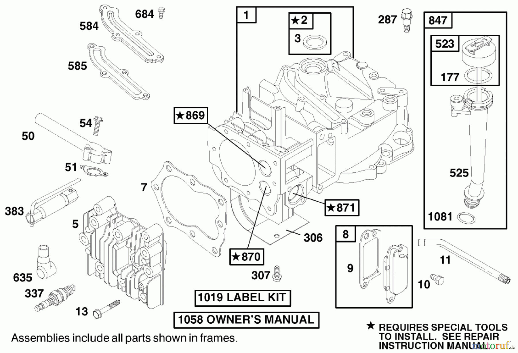  Toro Neu Mowers, Walk-Behind Seite 1 20010 (R-21P) - Toro Recycler Mower, R-21P, 2000 (200000001-200999999) CYLINDER ASSEMBLY, ENGINE BRIGGS & STRATTON MODEL 12H802-1767-E1