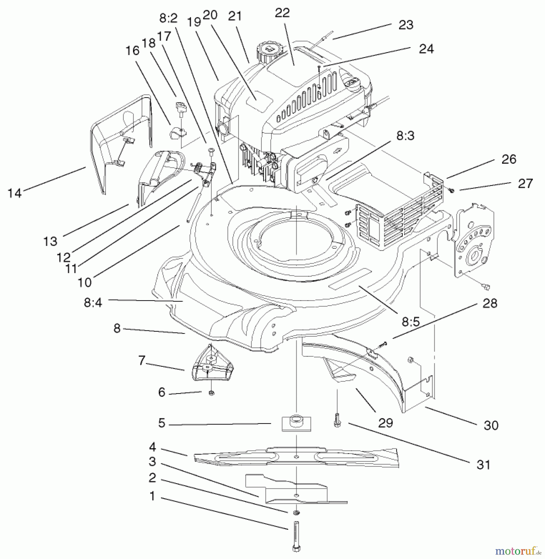  Toro Neu Mowers, Walk-Behind Seite 1 20010 (R-21P) - Toro Recycler Mower, R-21P, 2001 (210000001-210999999) ENGINE AND BLADE ASSEMBLY