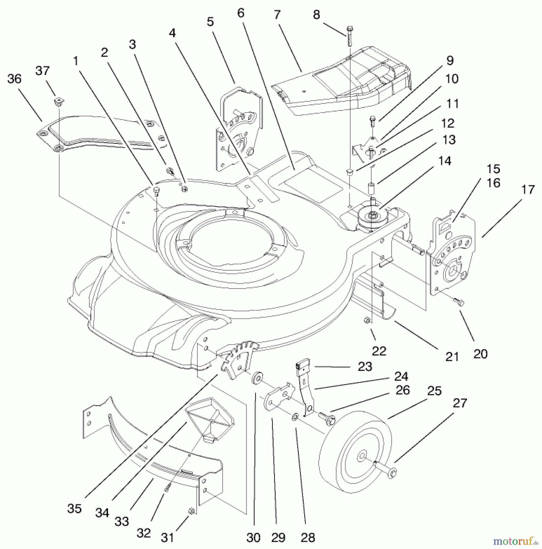  Toro Neu Mowers, Walk-Behind Seite 1 20028 - Toro Recycler Mower, 1999 (9900001-9999999) HOUSING, HANDLE BRACKETS, & WHEEL ASSEMBLY