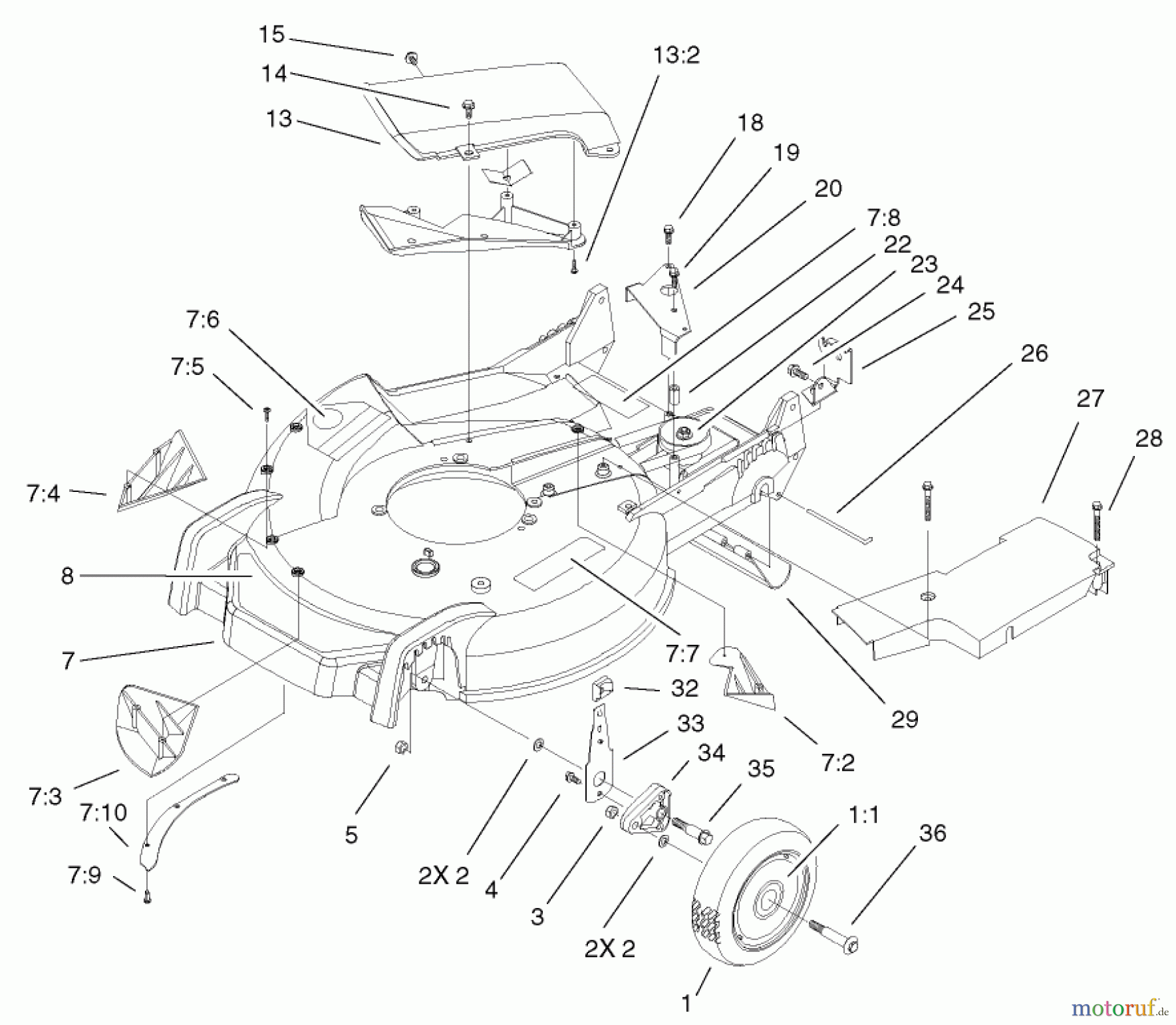  Toro Neu Mowers, Walk-Behind Seite 1 20036 - Toro Super Recycler Mower, 2002 (220000001-220999999) HOUSING AND WHEEL ASSEMBLY
