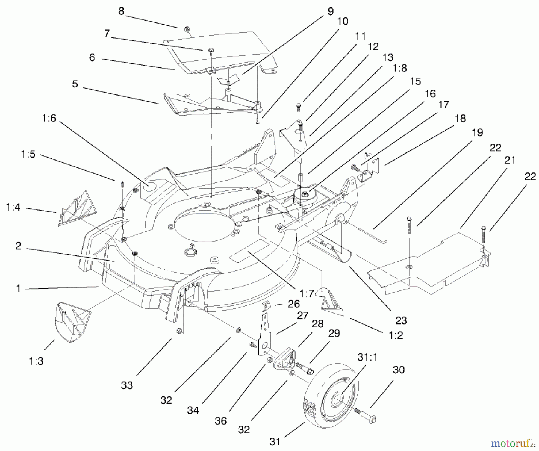  Toro Neu Mowers, Walk-Behind Seite 1 20040 (SR-21OS) - Toro Super Recycler Mower, SR-21OS, 1999 (9900001-9999999) HOUSING, HANDLE BRACKETS & WHEEL ASSEMBLY