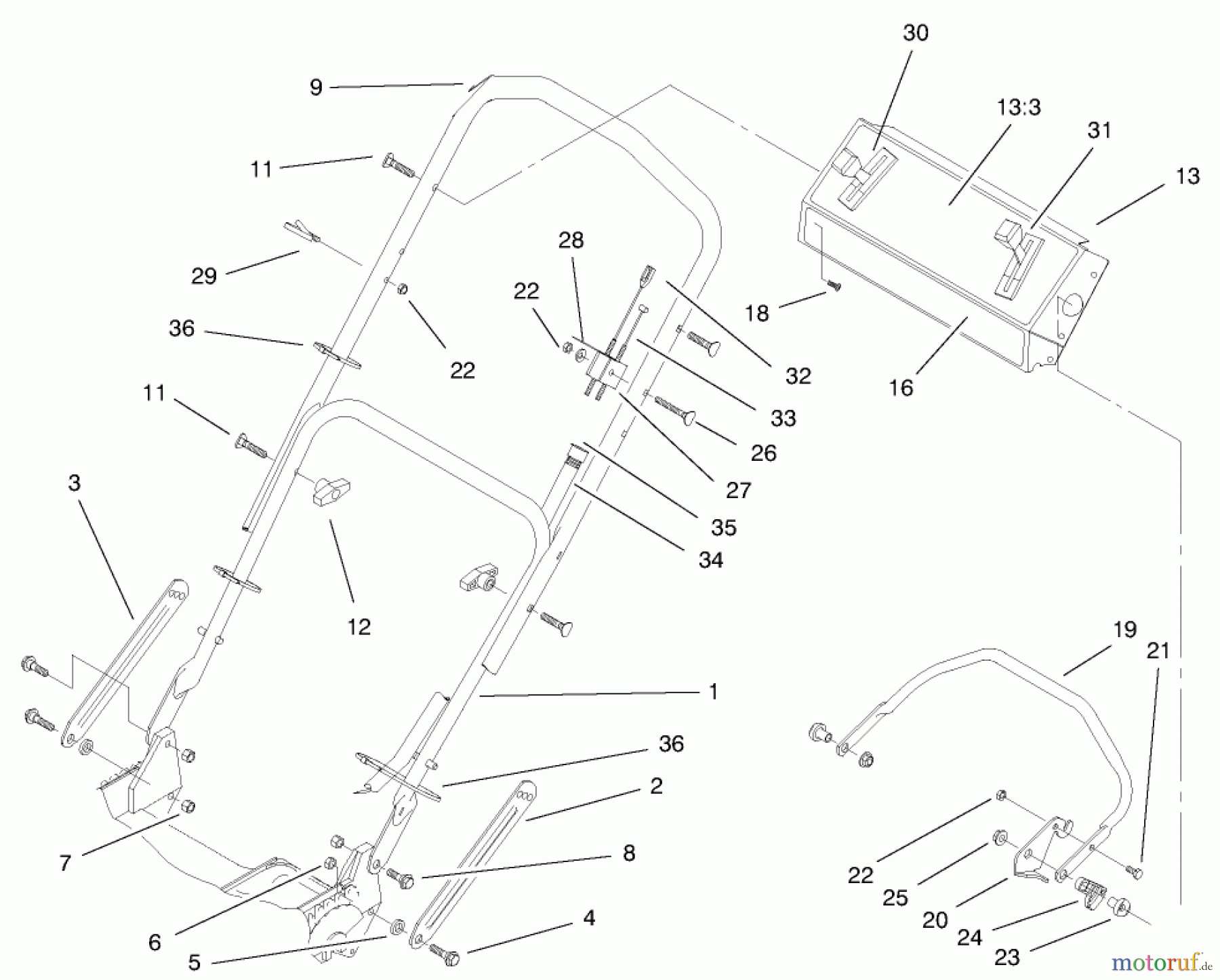  Toro Neu Mowers, Walk-Behind Seite 1 20044 (SR-21OS) - Toro Super Recycler Mower, SR-21OS, 1999 (99000001-99999999) HANDLE & CONTROLS ASSEMBLY