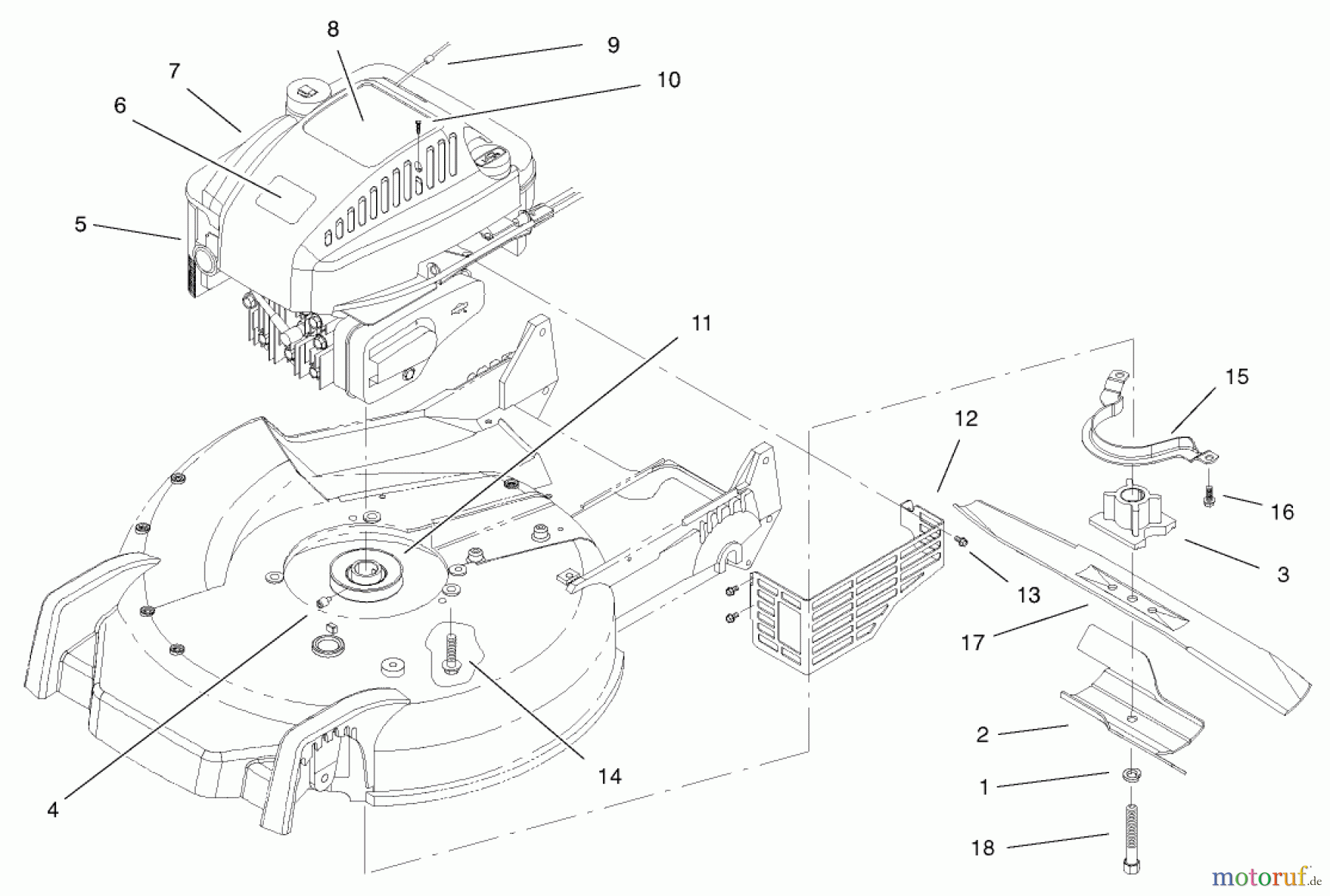  Toro Neu Mowers, Walk-Behind Seite 1 20045 (SR-21SE) - Toro Super Recycler Mower, SR-21SE, 2001 (210000001-210999999) ENGINE AND BLADE ASSEMBLY