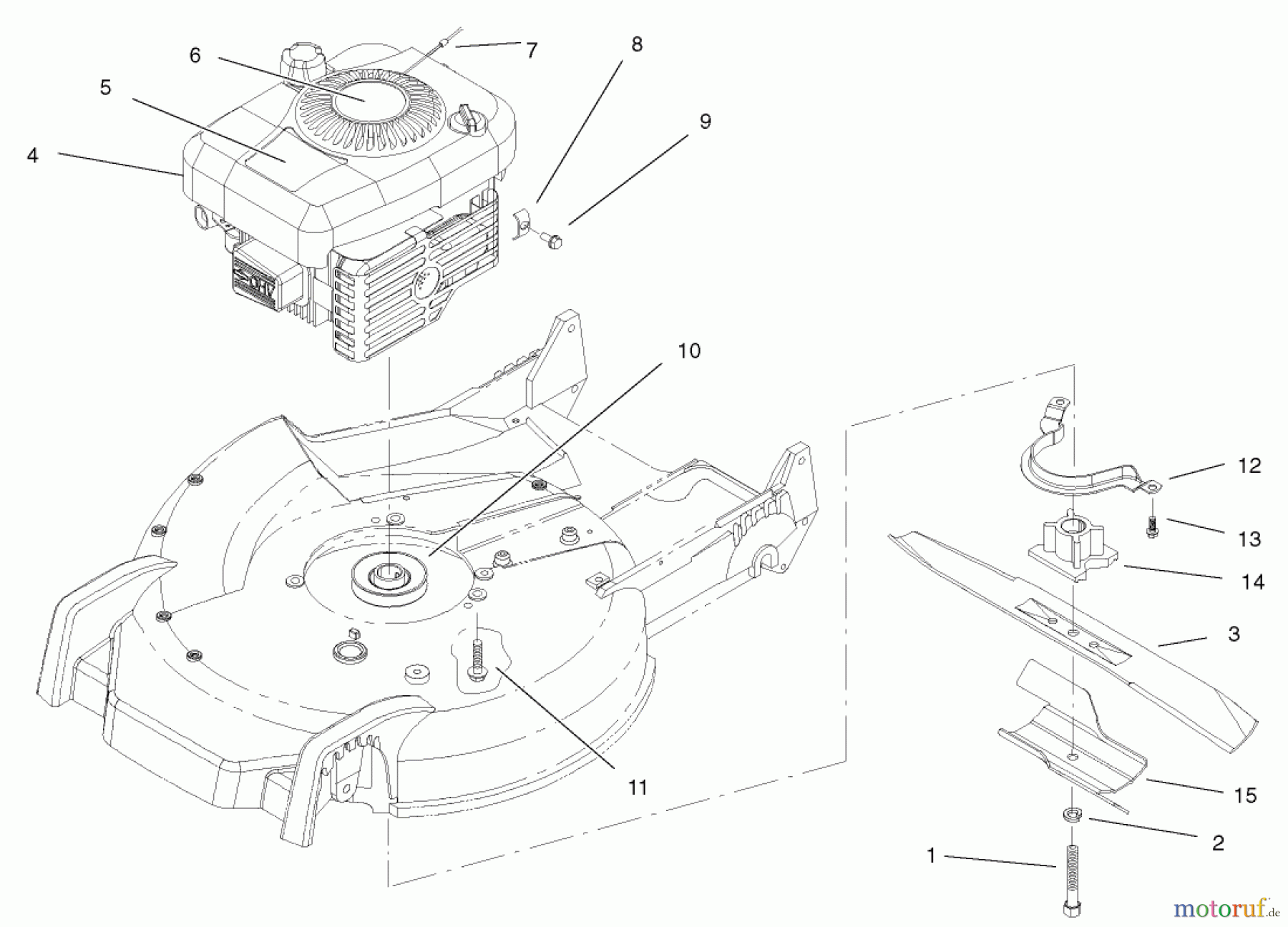  Toro Neu Mowers, Walk-Behind Seite 1 20046 (SR-21OSK) - Toro Super Recycler Mower, SR-21OSK, 2001 (210000001-210999999) ENGINE AND BLADE ASSEMBLY
