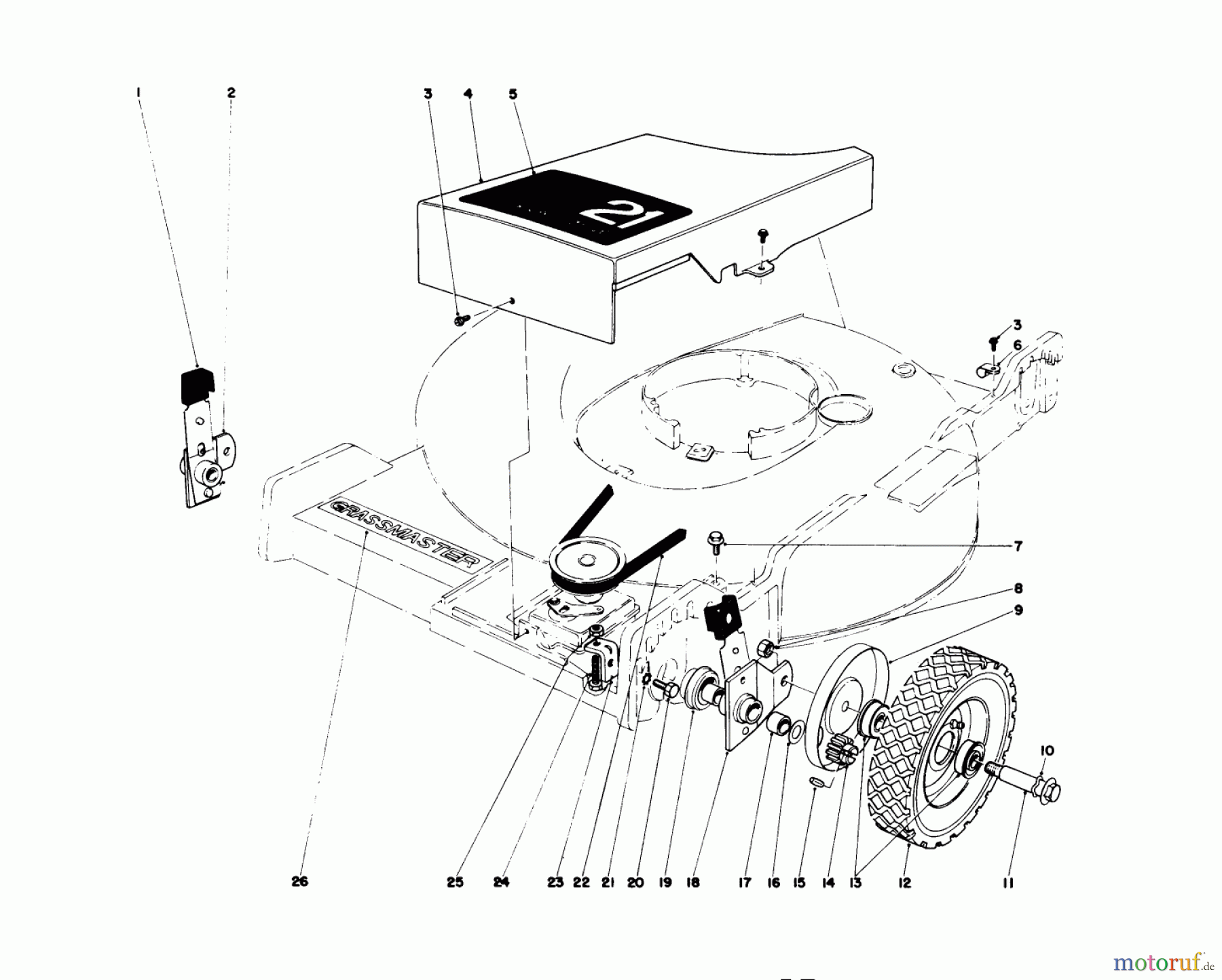  Toro Neu Mowers, Walk-Behind Seite 1 20644 - Toro Lawnmower, 1977 (7000001-7999999) FRONT WHEEL AND PIVOT ARM ASSEMBLY
