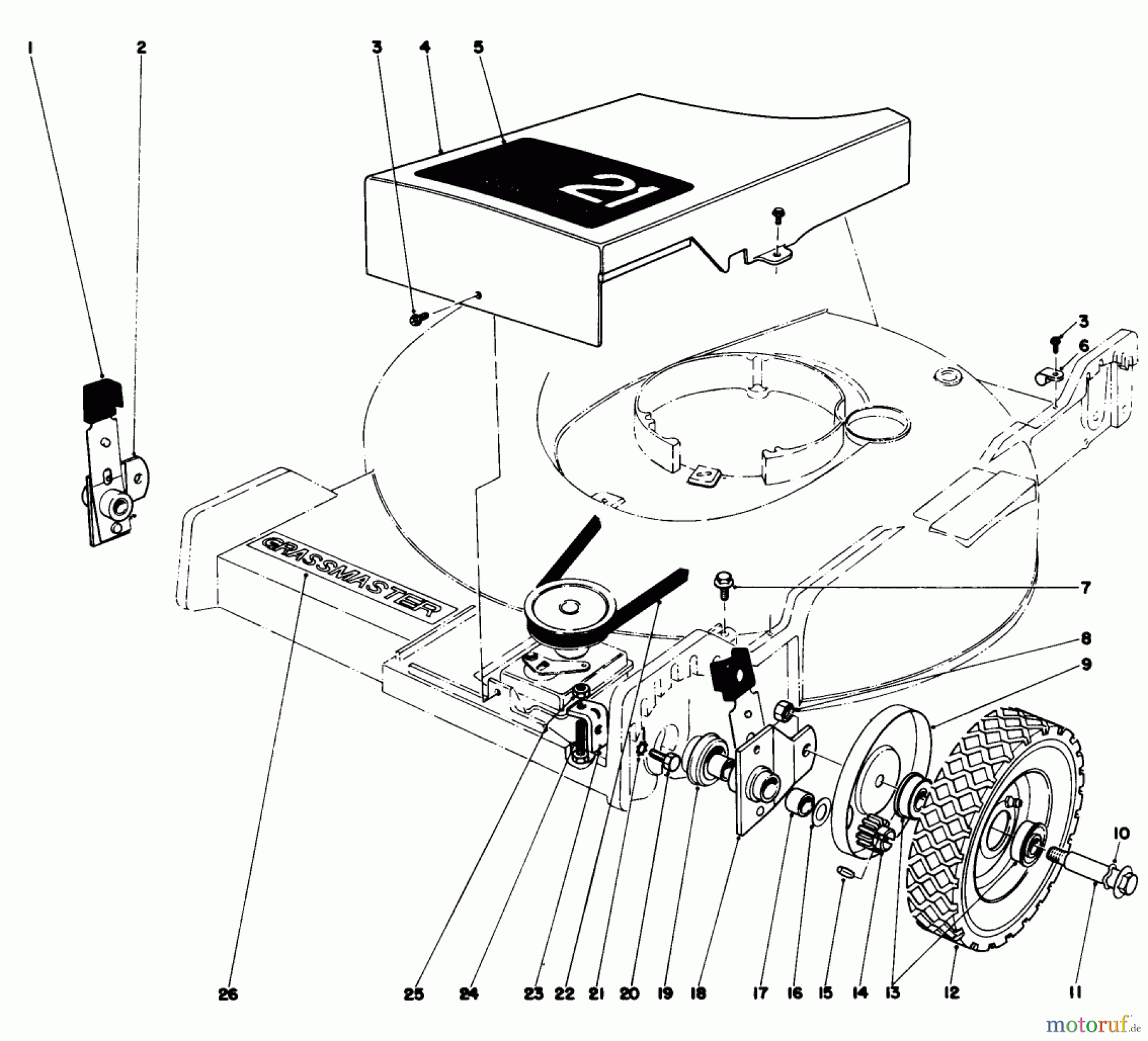  Toro Neu Mowers, Walk-Behind Seite 1 20673 - Toro Lawnmower, 1977 (7000001-7999999) FRONT WHEEL AND PIVOT ARM ASSEMBLY