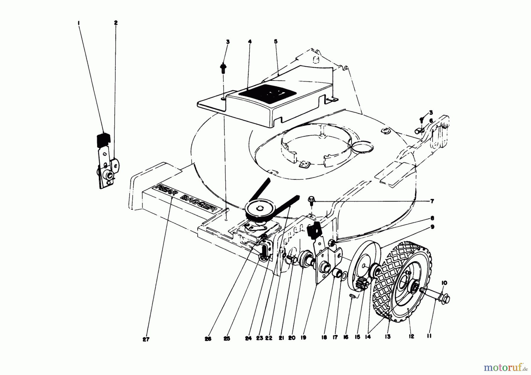  Toro Neu Mowers, Walk-Behind Seite 1 20575 - Toro Lawnmower, 1978 (8007501-8999999) FRONT WHEEL AND PIVOT ARM ASSEMBLY