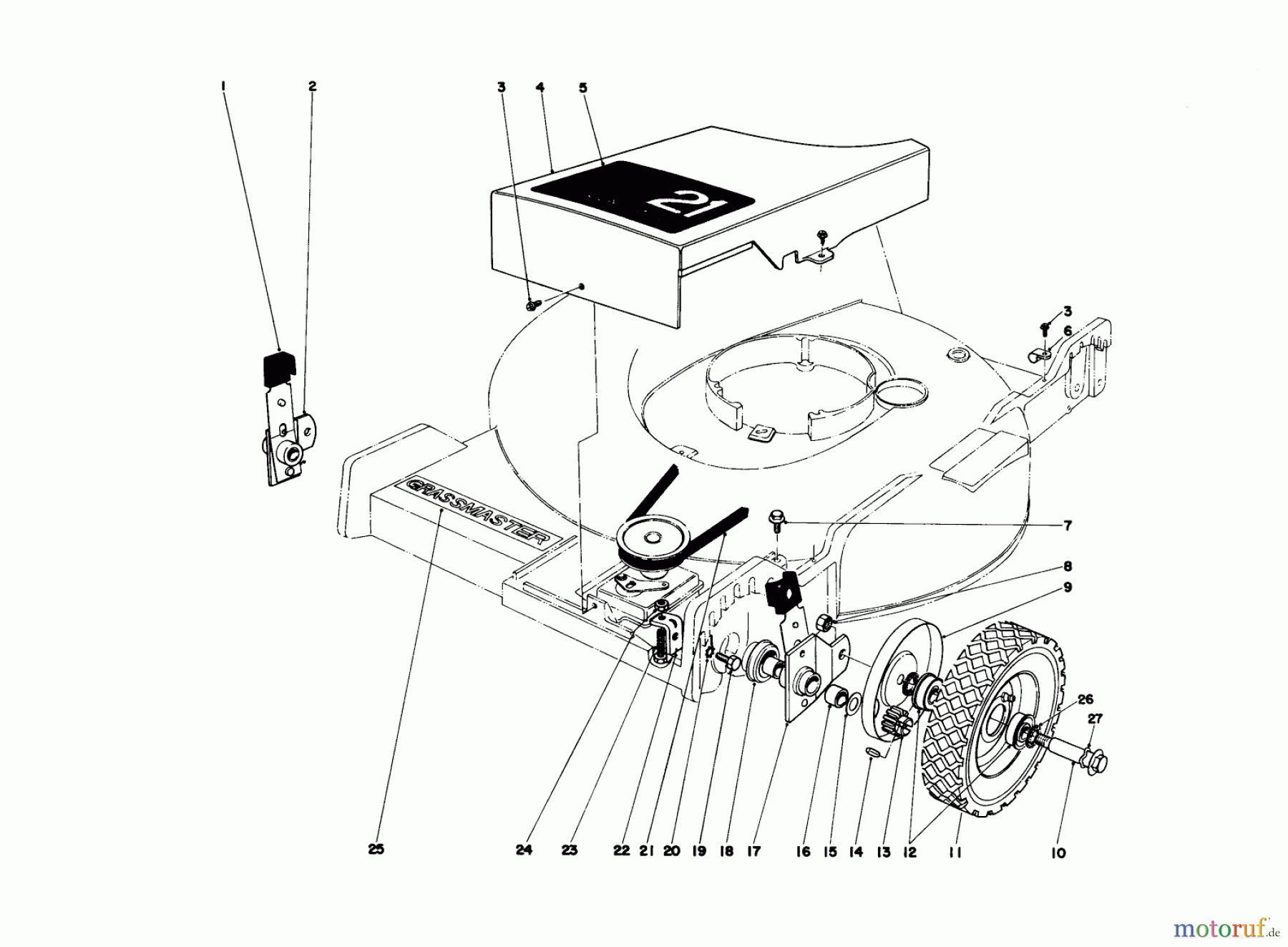 Toro Neu Mowers, Walk-Behind Seite 1 20673 - Toro Lawnmower, 1976 (6000001-6999999) FRONT WHEEL AND PIVOT ARM ASSEMBLY