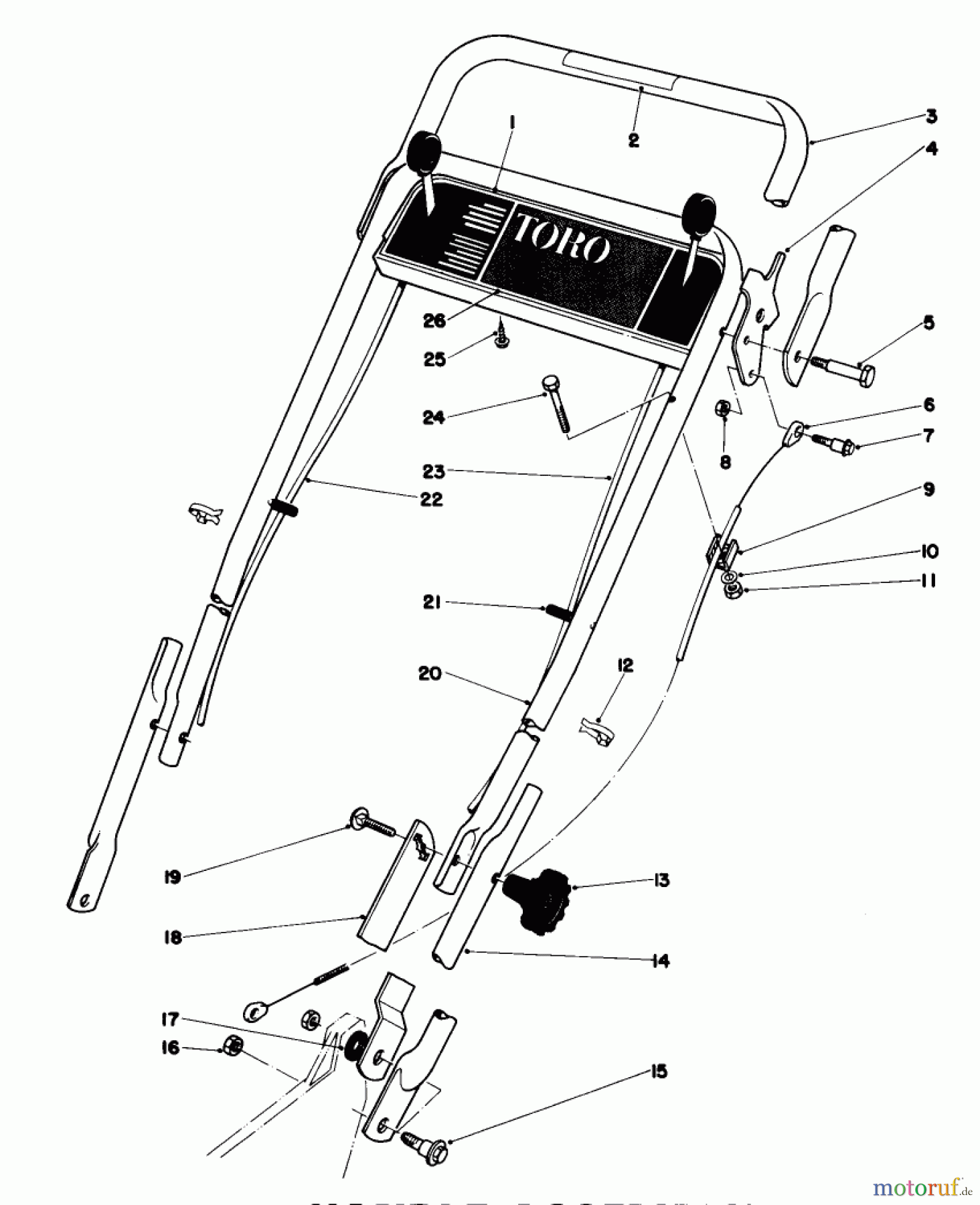  Toro Neu Mowers, Walk-Behind Seite 1 20785 - Toro Lawnmower, 1980 (0000001-0999999) HANDLE ASSEMBLY (USED ON UNITS WITH SERIAL NO. 0000001 THRU 0003990)