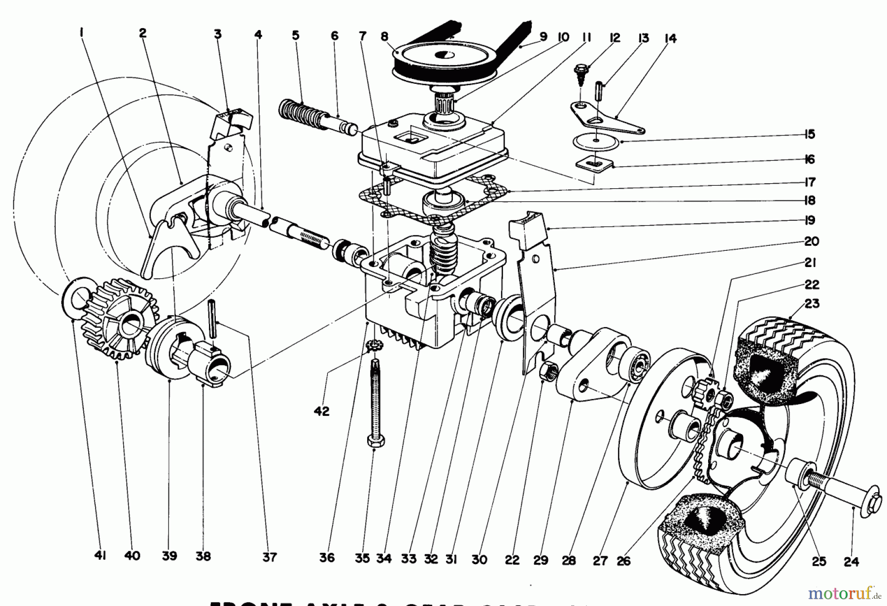 Toro Neu Mowers, Walk-Behind Seite 2 21103 - Toro Whirlwind Lawnmower, 1969 (9000001-9999999) FRONT AXLE & GEAR CASE ASSEMBLY