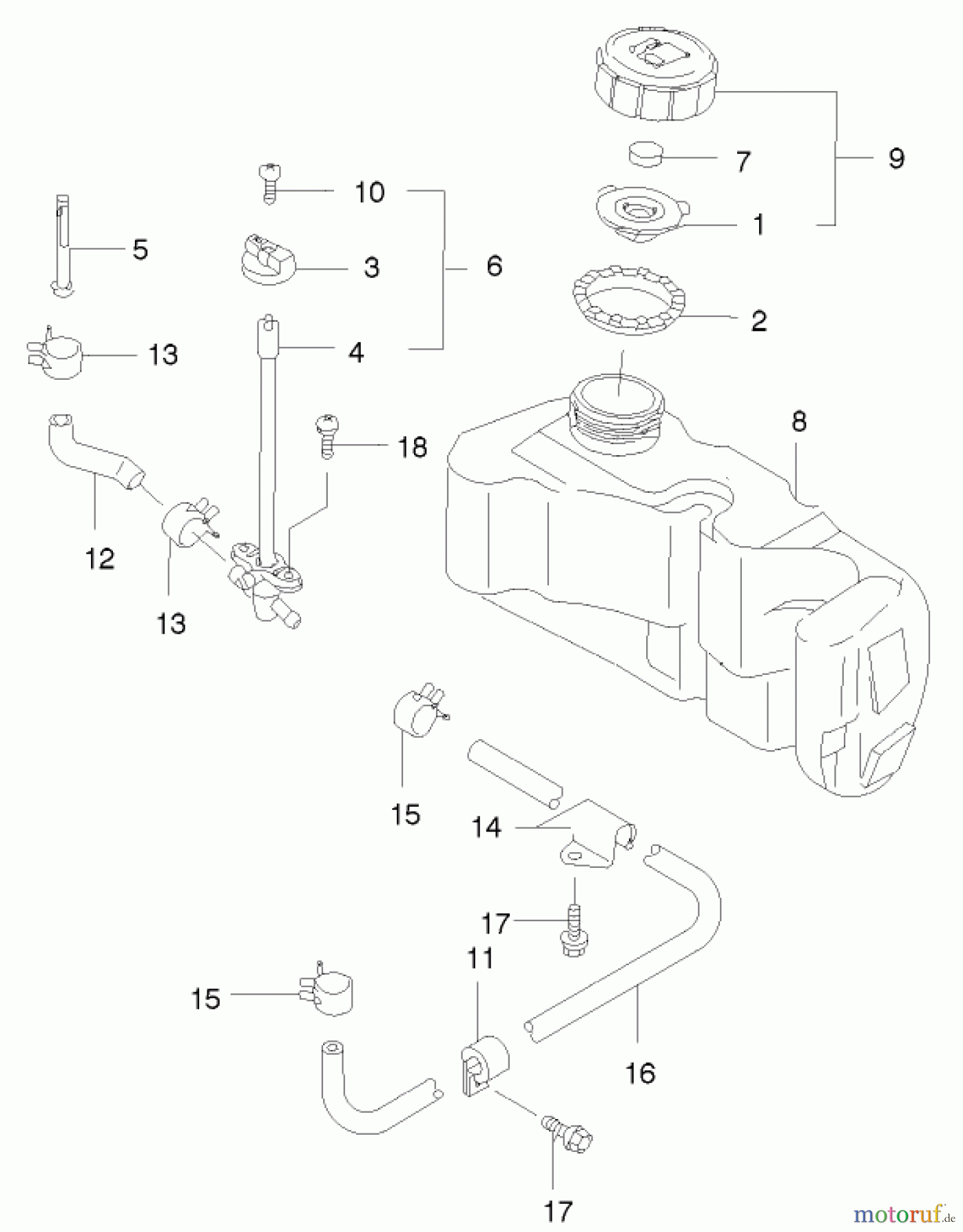  Toro Neu Mowers, Walk-Behind Seite 2 22172 - Toro Recycler Mower, 2003 (230000001-230999999) FUEL TANK AND FUEL VALVE ASSEMBLY