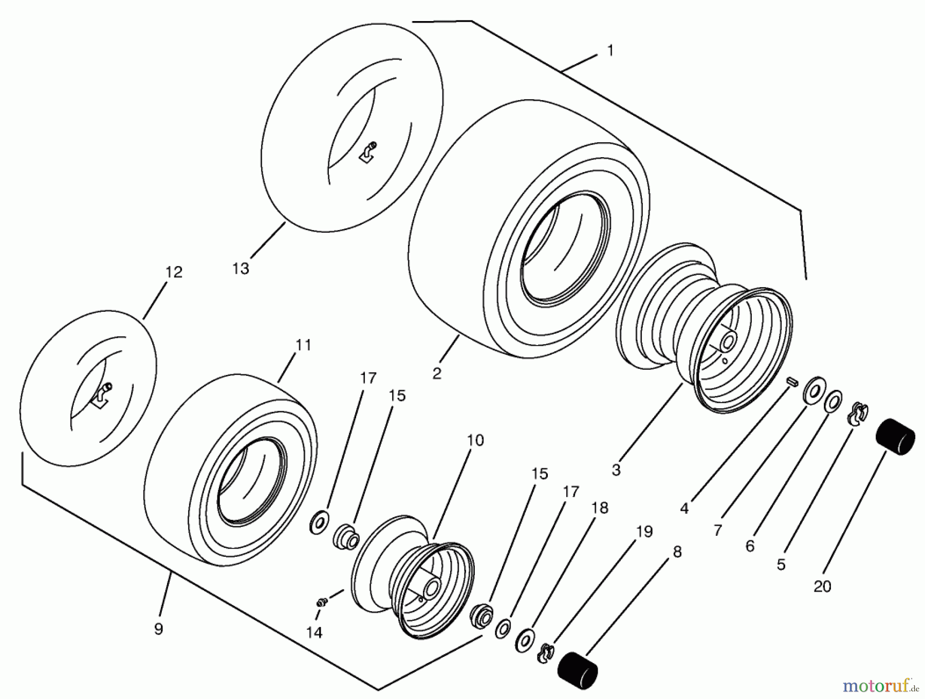  Toro Neu Mowers, Zero-Turn 74021 (616-Z) - Toro 616-Z Tractor, 1995 (590001-599999) WHEELS & TIRES ASSEMBLY