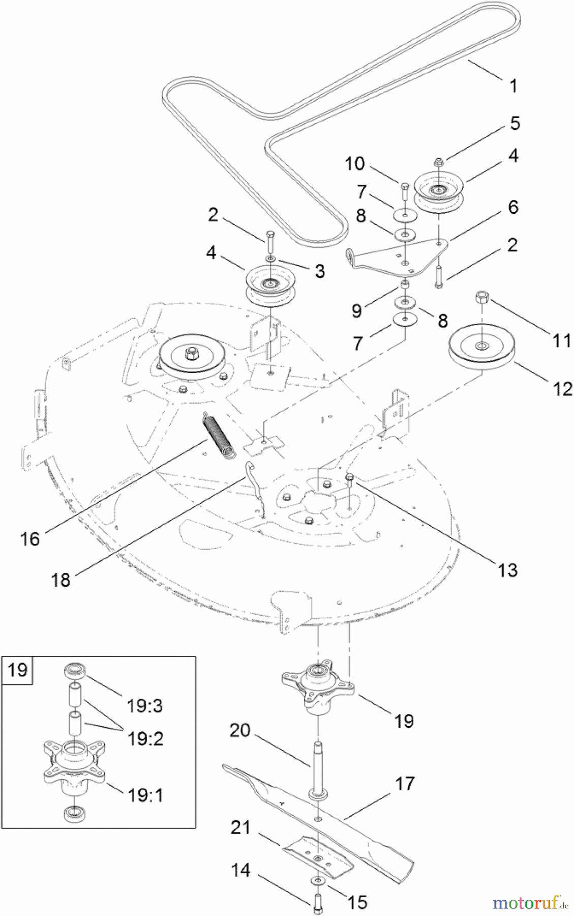  Toro Neu Mowers, Zero-Turn 74386 (ZS 4200) - Toro TimeCutter ZS 4200 Riding Mower, 2012 (SN 312000001-312999999) 42 INCH DECK, BELT AND BLADE ASSEMBLY