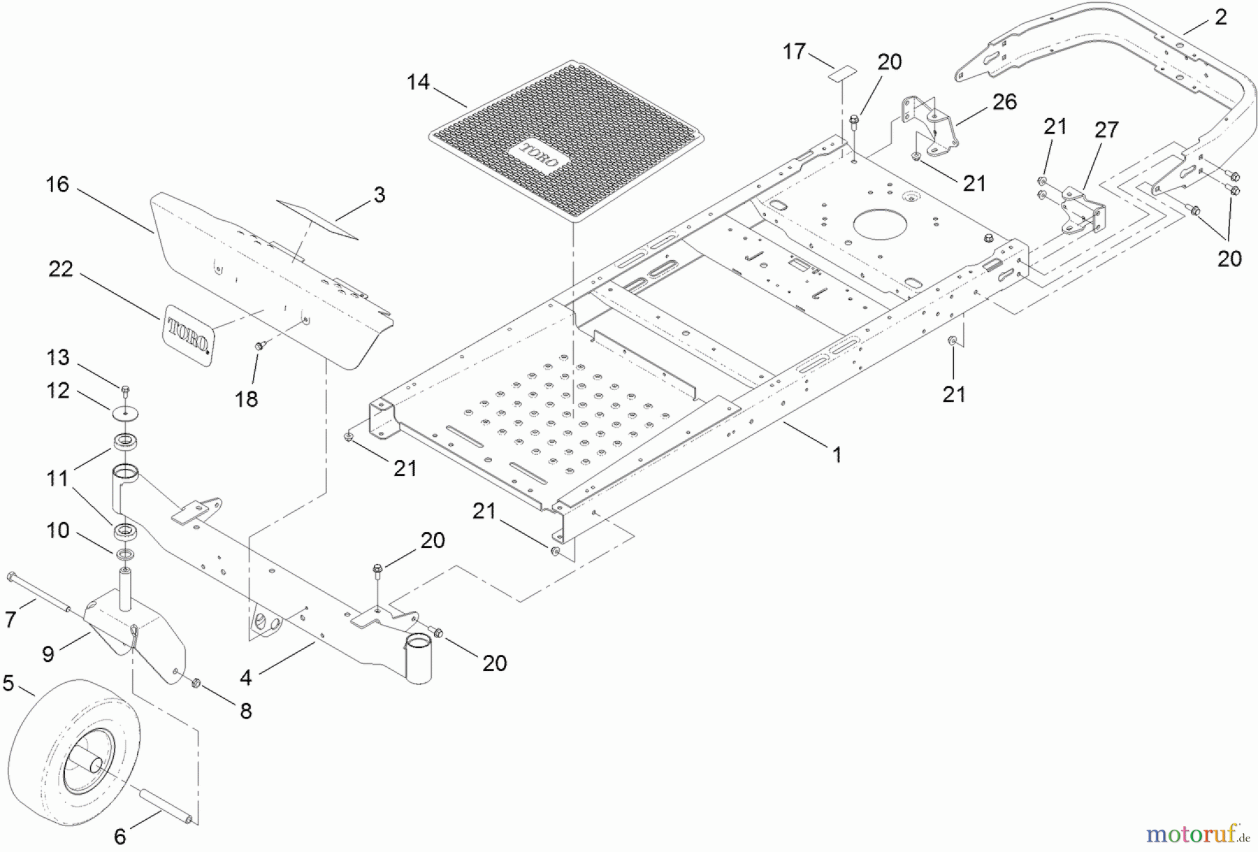 Toro Neu Mowers, Zero-Turn 74387 (ZS 5000) - Toro TimeCutter ZS 5000 Riding Mower, 2012 (SN 312000001-312999999) FRAME, FRONT AXLE AND CASTER WHEEL ASSEMBLY