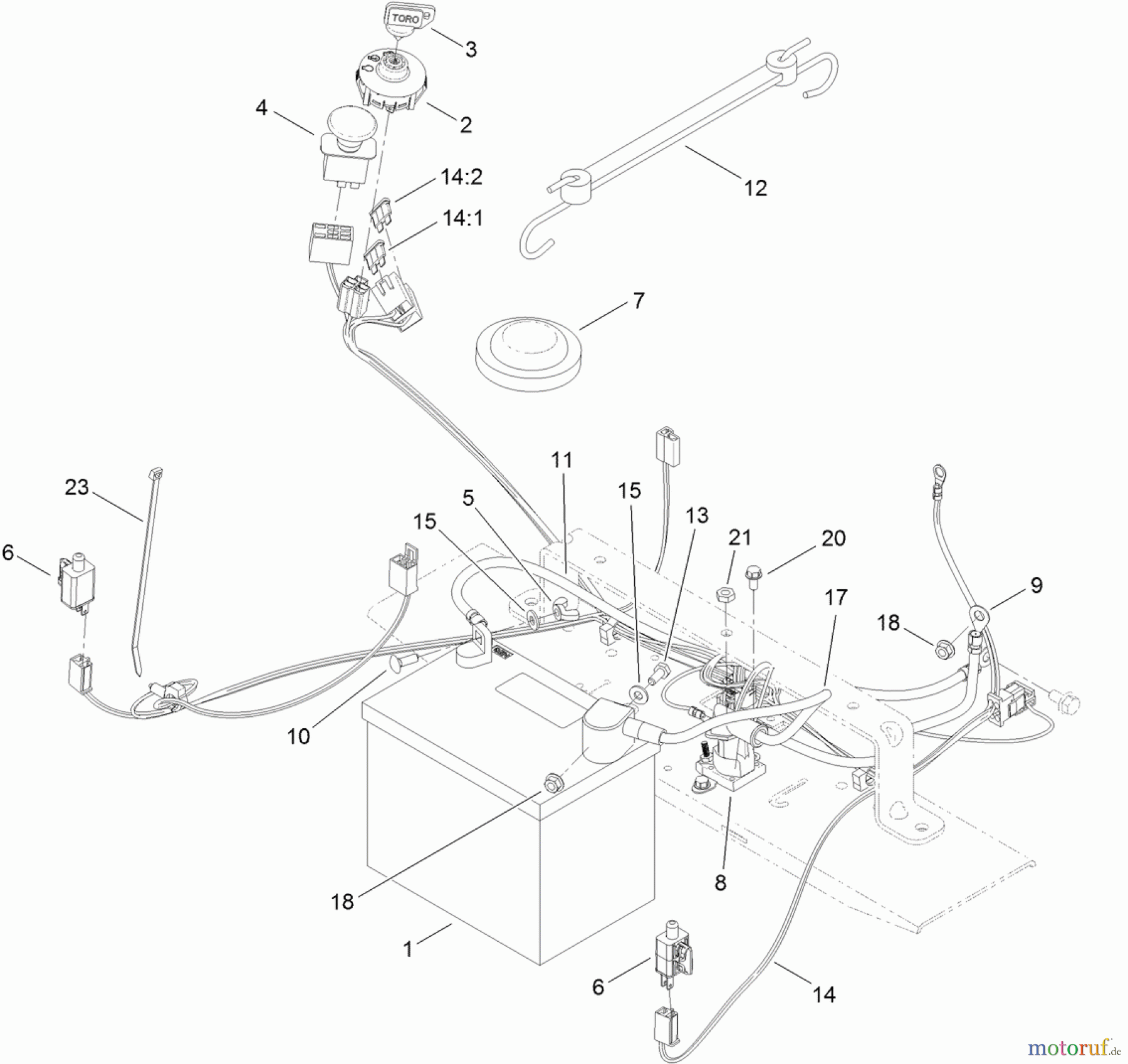  Toro Neu Mowers, Zero-Turn 74389 (ZS 4200S) - Toro TimeCutter ZS 4200S Riding Mower, 2012 (SN 312000001-312999999) BATTERY AND ELECTRICAL ASSEMBLY
