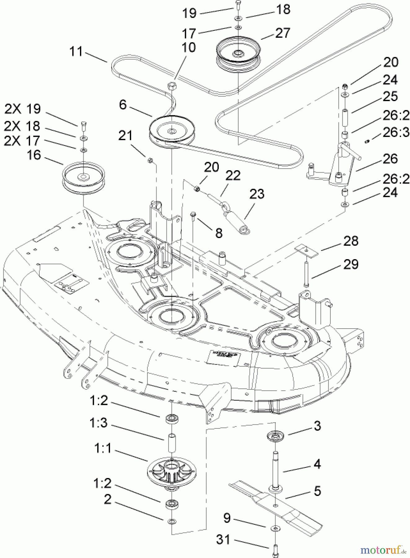  Toro Neu Mowers, Zero-Turn 74406 (ZX440) - Toro TimeCutter ZX440 Riding Mower, 2007 (270000001-270999999) 44IN DECK BELT DRIVE ASSEMBLY