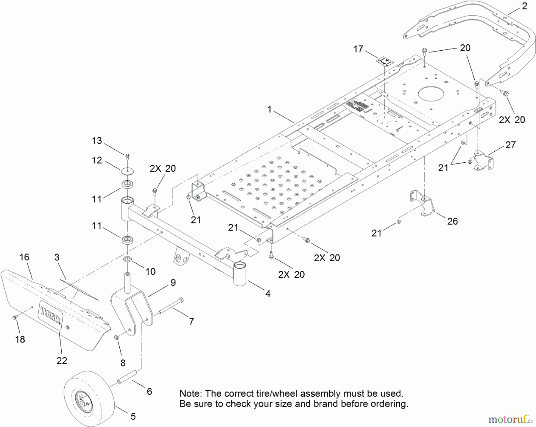  Toro Neu Mowers, Zero-Turn 74622 (4200) - Toro TimeCutter SS 4200 Riding Mower, 2011 (311000001-311999999) FRAME, FRONT AXLE AND CASTER WHEEL ASSEMBLY