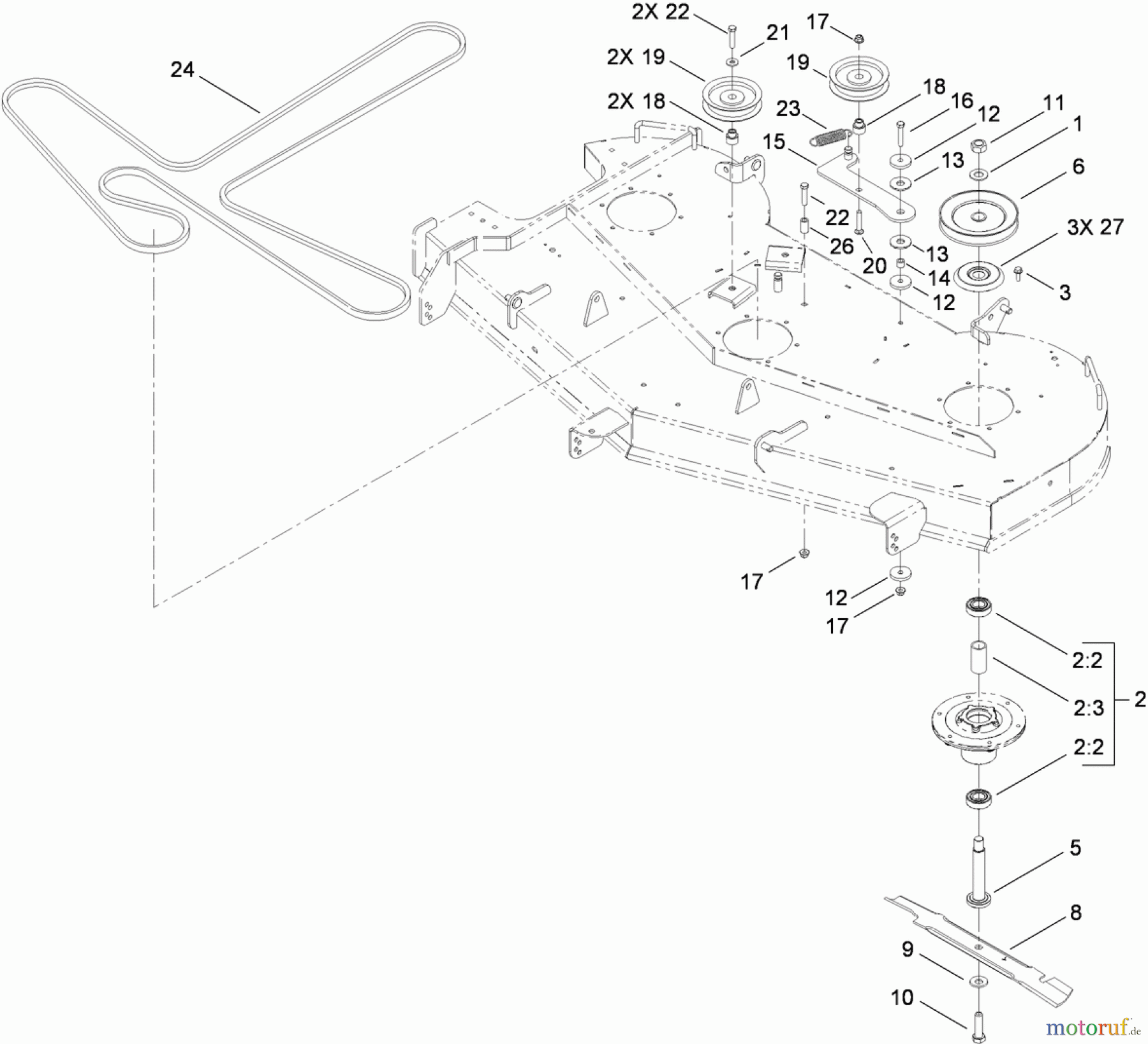  Toro Neu Mowers, Zero-Turn 74824 (ZX6050) - Toro TITAN ZX6050 Zero-Turn-Radius Riding Mower, 2010 (310000001-310999999) 60 INCH DECK SPINDLE AND BELT ASSEMBLY