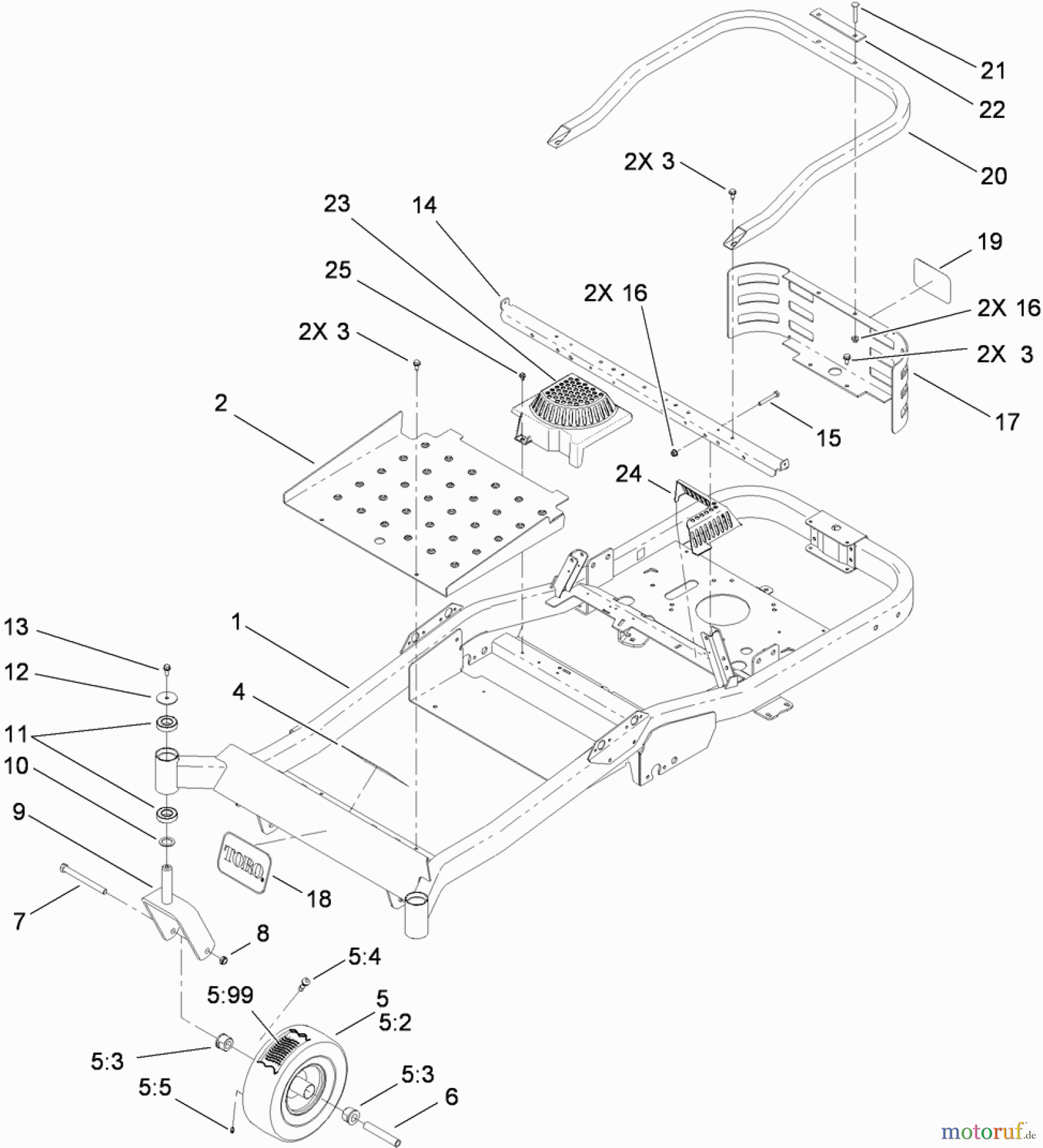  Toro Neu Mowers, Zero-Turn 74830 (ZX4800) - Toro TITAN ZX4800 Zero-Turn-Radius Riding Mower, 2010 (310000001-310999999) MAIN FRAME AND FRONT CASTER WHEEL ASSEMBLY