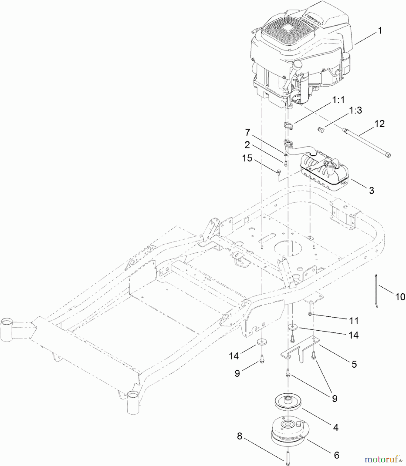  Toro Neu Mowers, Zero-Turn 74840 (ZX5020) - Toro TITAN ZX5020 Zero-Turn-Radius Riding Mower, 2011 (311000001-311999999) ENGINE, MUFFLER AND CLUTCH ASSEMBLY