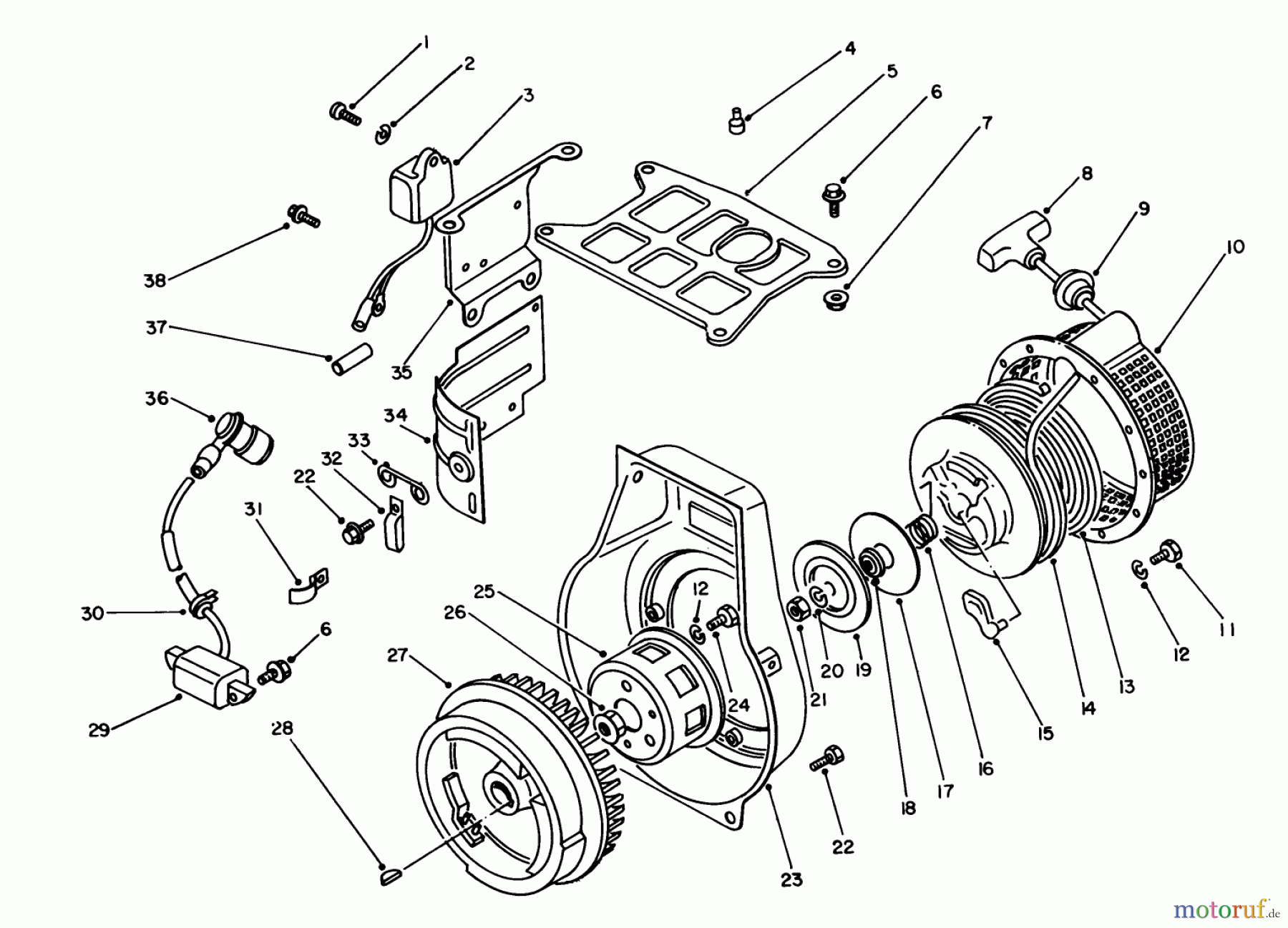  Toro Neu Generators 62025 (T2500) - Toro Generator, T2500, 1983 (3000001-3999999) REWIND STARTER & MAGNETO ASSEMBLY