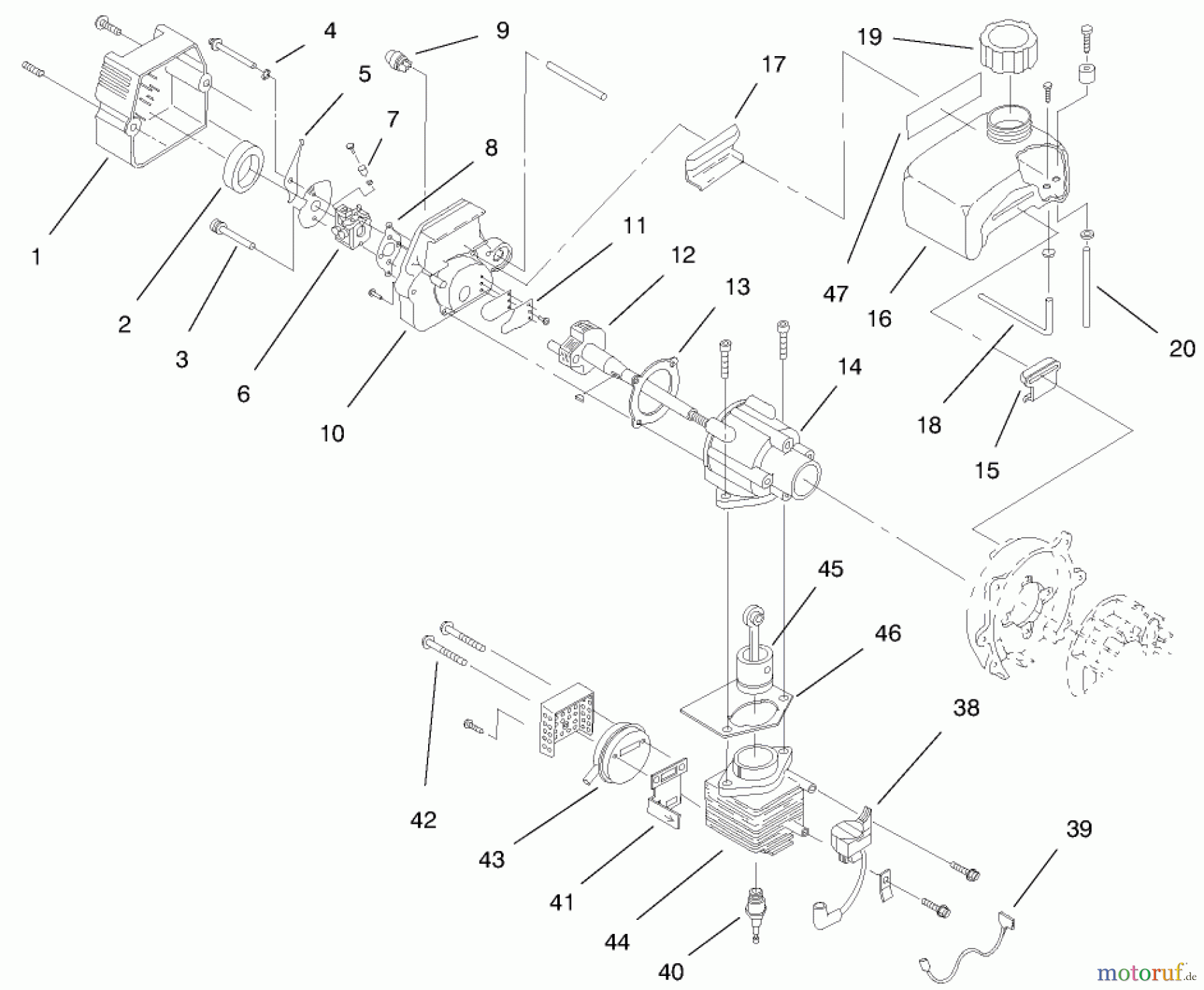 Toro Neu Tillers/Cultivators 58356 - Toro Garden Cultivator, 1997 (79000001-79999999) CARBURETOR, CYLINDER, CRANKCASE & FUEL TANK ASSEMBLIES
